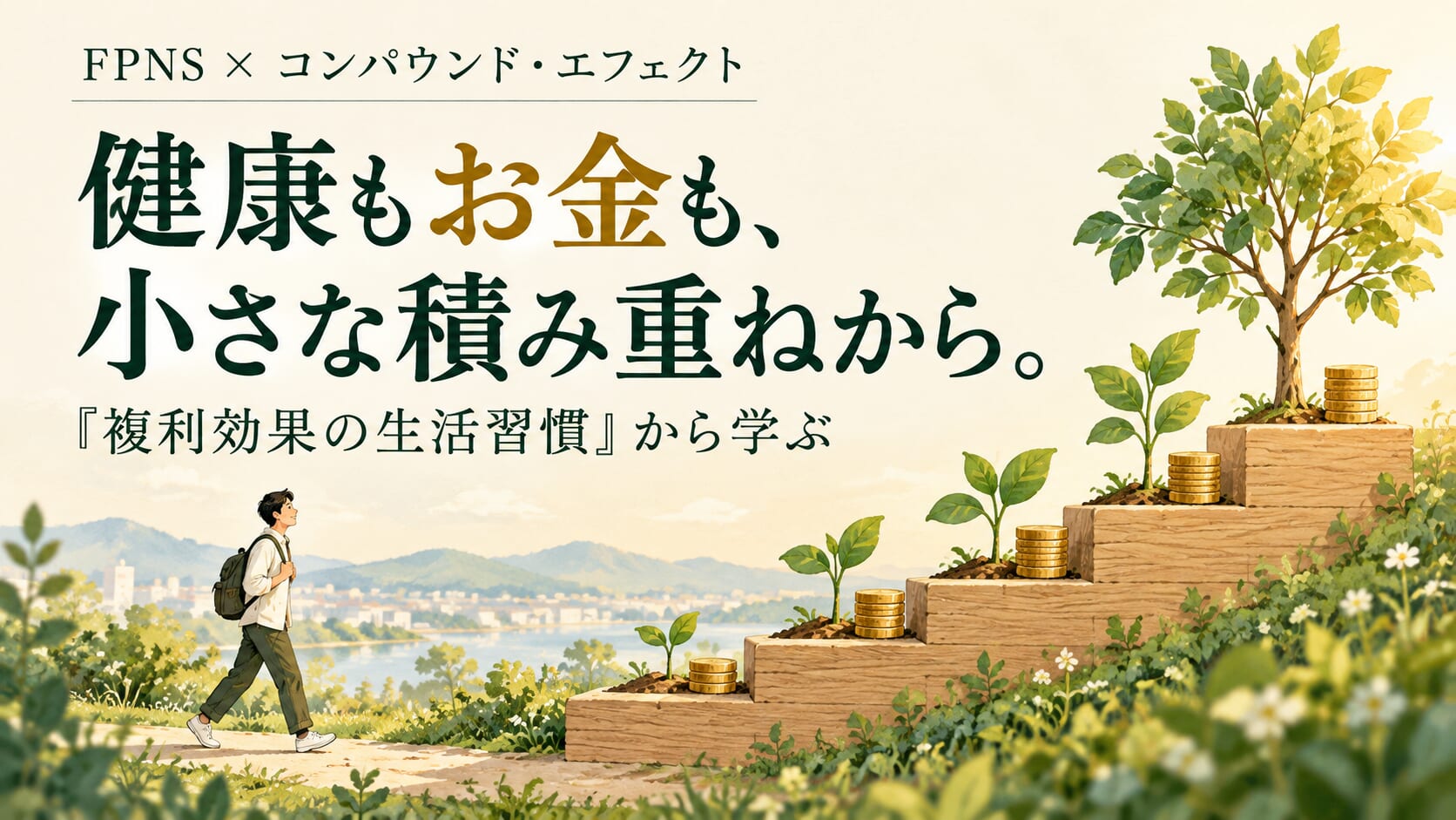 健康もお金も、小さな積み重ねから。階段状に育つ植物とコイン、散歩する人を描いたFPNSのアイキャッチ画像