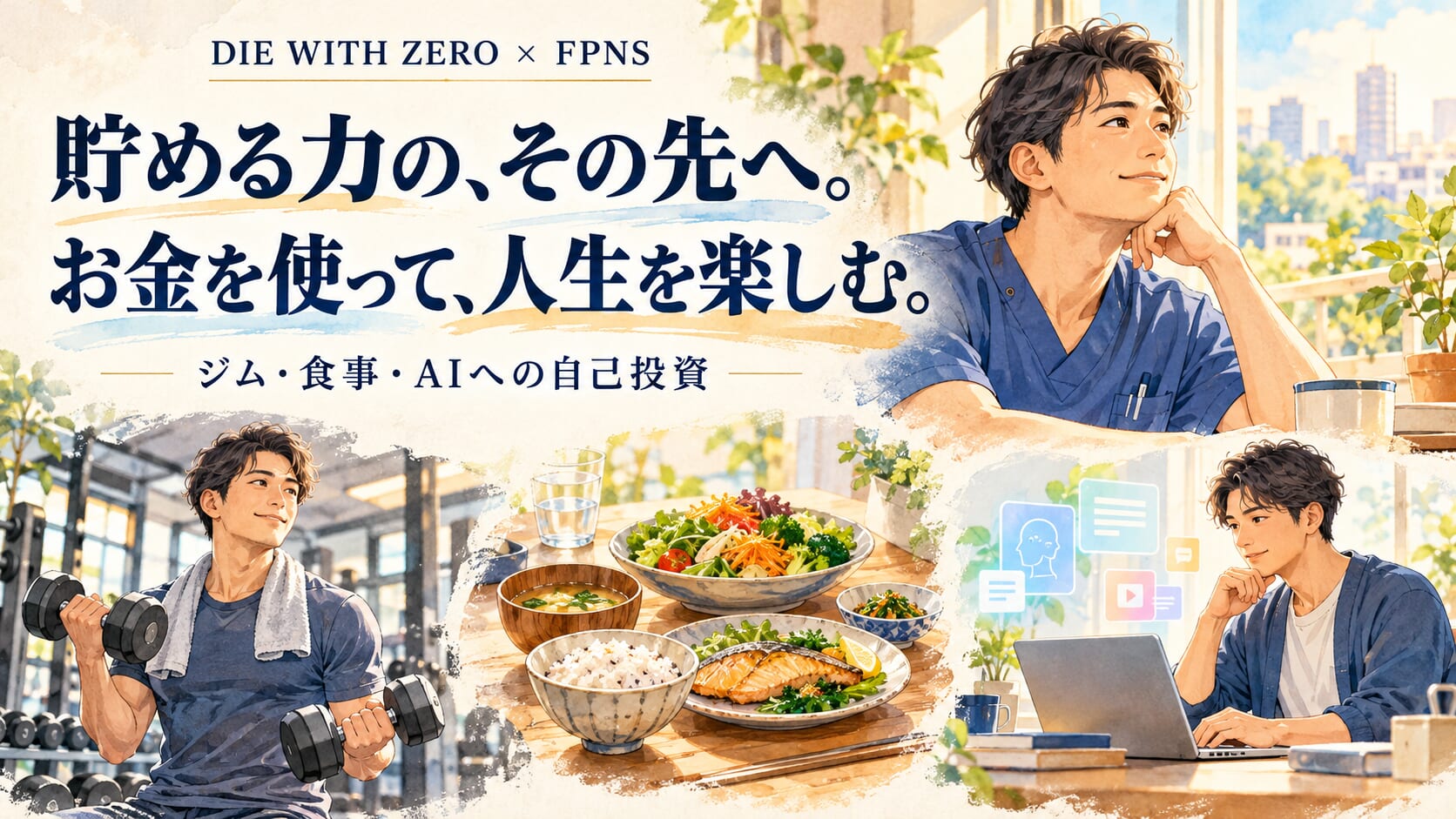 DIE WITH ZERO × FPNS。「貯める力の、その先へ。お金を使って、人生を楽しむ。」の文字と、ジムでの筋トレ、食事、AIを学ぶ男性看護師のイラスト。