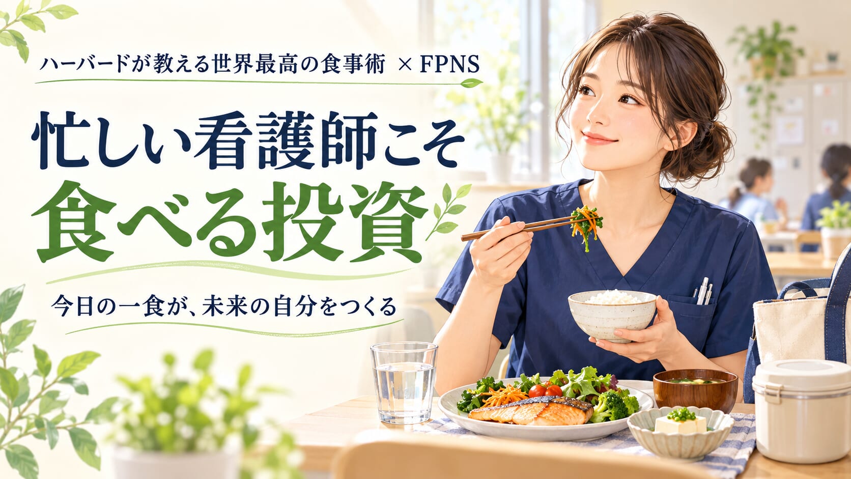「ハーバードが教える世界最高の食事術 × FPNS」「忙しい看護師こそ 食べる投資」の文字と、魚や野菜、豆腐を組み合わせた食事を楽しむ看護師のイラスト。