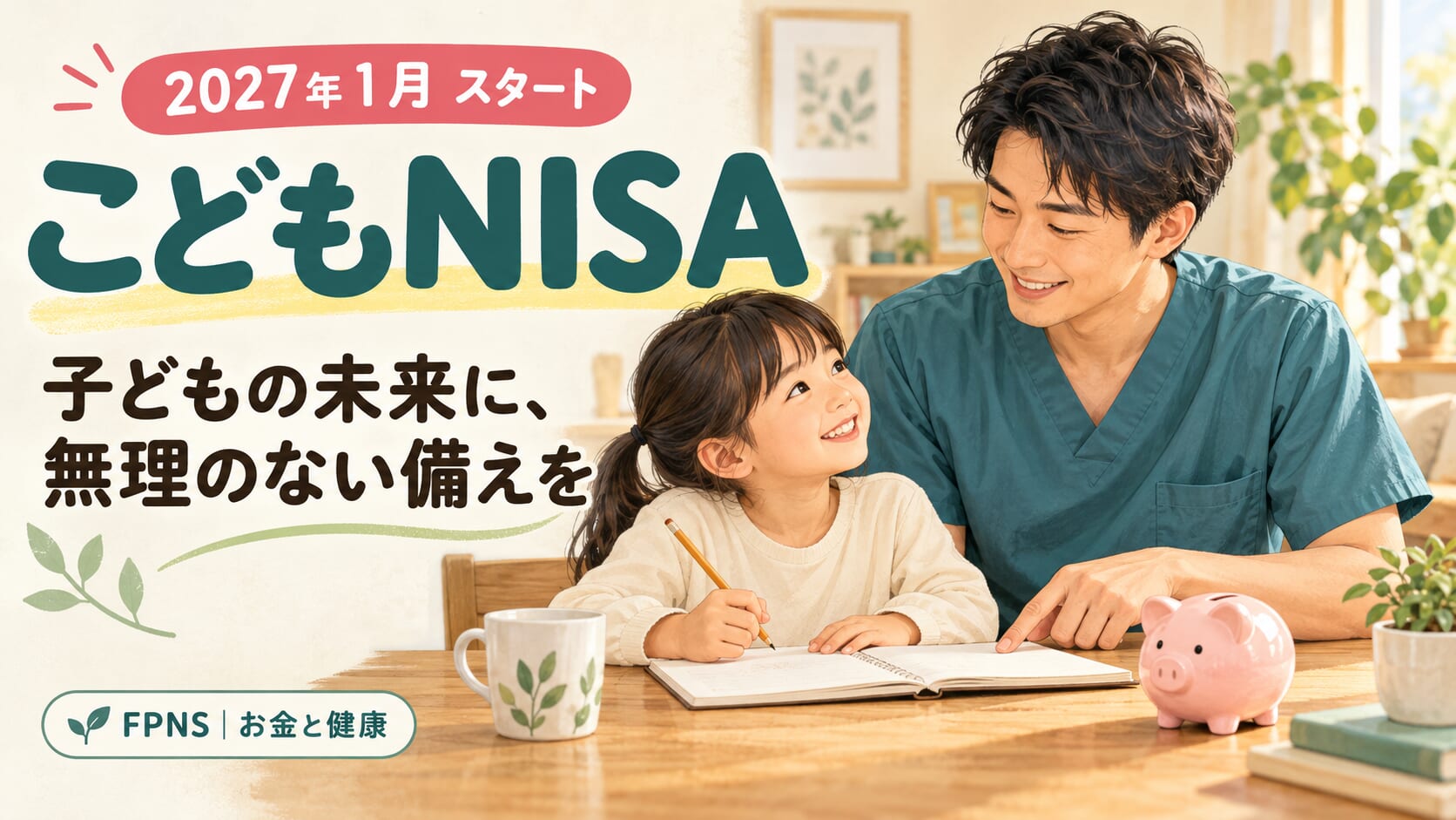 こどもNISA。男性看護師と子どもが家でノートを見ながら話すイラスト。2027年1月スタート、子どもの未来に無理のない備えを。