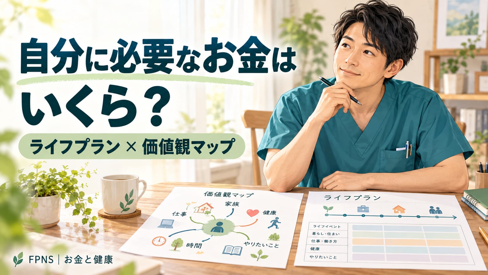 男性看護師が価値観マップとライフプランシートを前に考えるイラスト。「自分に必要なお金はいくら？」「ライフプラン × 価値観マップ」「FPNS｜お金と健康」の文字。
