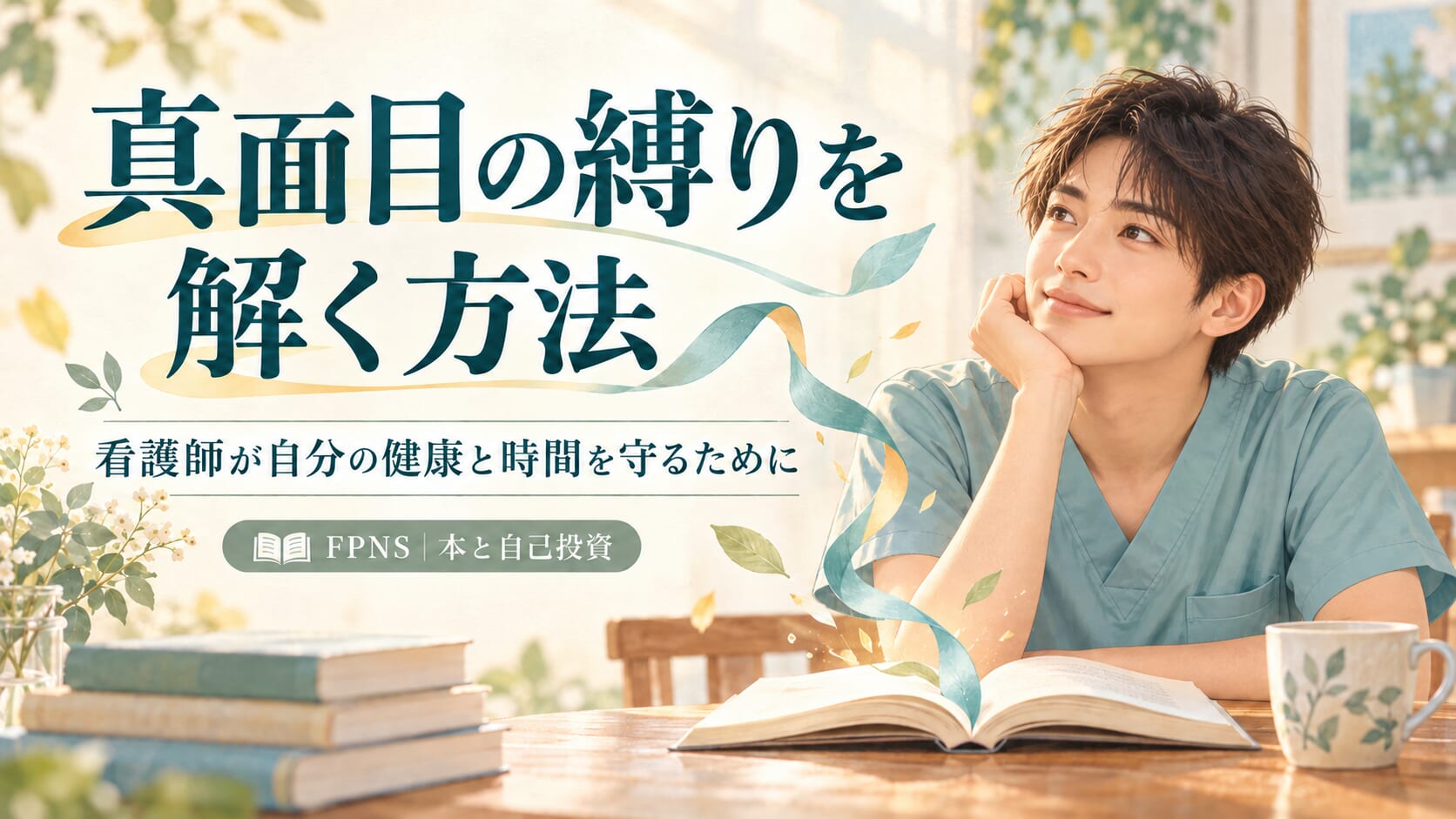『真面目の縛りを解く方法』。本を前に穏やかに過ごす男性看護師。看護師が自分の健康と時間を守るために。