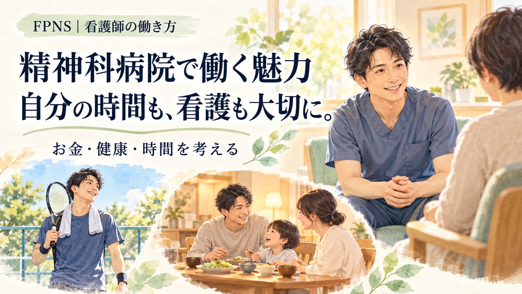 精神科病院で働く魅力。患者さんの話を聴く男性看護師と、テニスや家族との食事を楽しむ様子。「自分の時間も、看護も大切に。」と書かれたFPNSの画像。